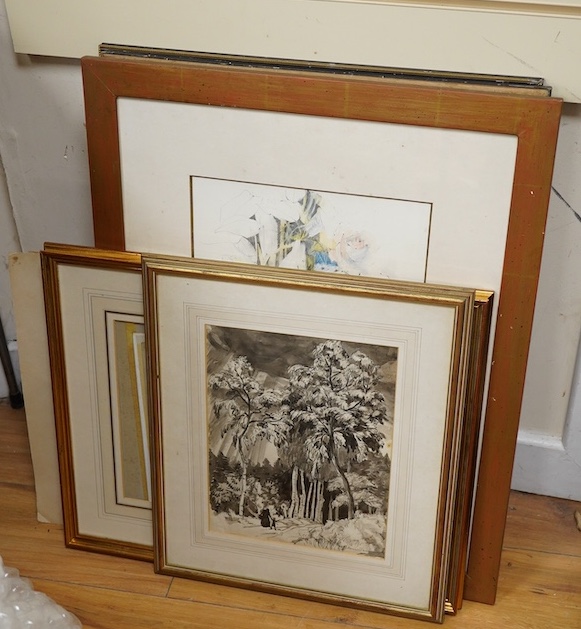 A collection of watercolours and a pastel, to include; Katherine Clausen, Figures on a wooded pathway, a monochrome watercolour of Birds and a pair of watercolours, Studies of dogs. Condition - varies